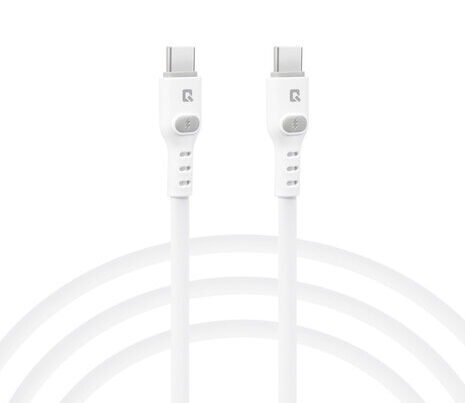 Op de foto zie je een USB-C-naar-USB-C-kabel. Het product is een oplaad- en datakabel. Het hoofddoel is het snel leveren van stroom en het overzetten van data tussen apparaten. De kabel is matwit van kleur met een soepele, rubberachtige buitenlaag en extra brede trekontlasting rond beide connectoren. Aan elke kant zit een symmetrische USB-C-plug met een klein bliksemschicht-icoontje dat aangeeft dat hij snelladen ondersteunt. Je gebruikt zo’n kabel thuis aan je laptop of oplader, onderweg in de auto of op kantoor aan de powerbank. Hij is geschikt voor iedereen met USB-C-apparaten, van reizigers tot kantoorwerkers. Uniek is de robuuste overmolding bij de aansluitingen die knikvorming voorkomt, de universele omkeerbare USB-C-pluggen en de snellaad-indicatie die aangeeft dat je apparaten extra snel bijlaadt.
